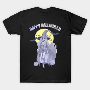 Happy Halloween, a skeleton witch in moonlit night Design! T-Shirt